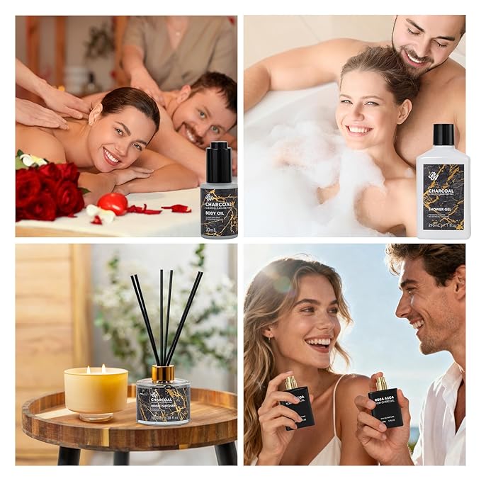 35 Pcs Valentines Day Gifts for Women & Men, Charcoal Bath & Body Gift Basket, Face Skin Care Kit, Self-Care Gift, Diffuser, Shower Gel, Massage Oil, Bath Bomb, Birthday, Christmas, Mother, Husband