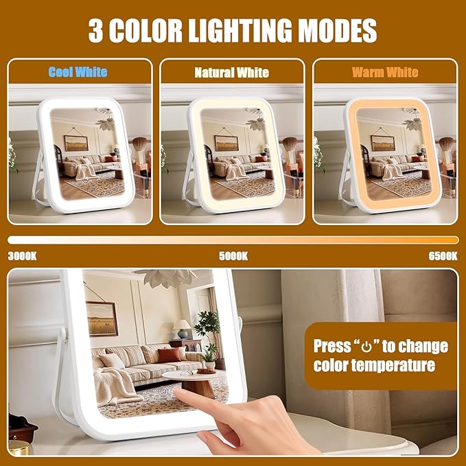 Vanity Mirror with Lights, 10"×8" Makeup Mirror with lights Built-in 1500mAH Battery, HD Mirror, Smart Touch with 3-Color Lighting, Dimmable, Desk Mirror, Women Gift, Travel Essentials (White)