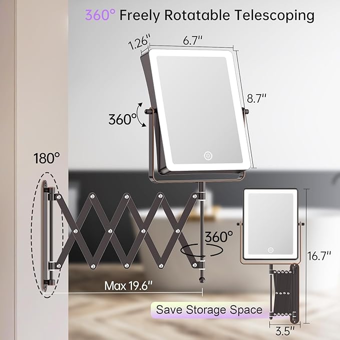 FASCINATE 5000mAh Rechargeable Wall Mounted Makeup Mirror with Lights, 8.7 Inch Double Sided Touch Switch 1X 30X Magnifying Bathroom Mirror, 3 Color Lights Dimmable Extended Arm 360°Rotation (Bronze)