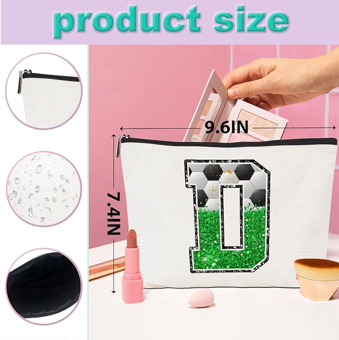 CQM Soccer Gifts Initial Makeup Bag Monogrammed Cosmetic Bag Letter D Zipper Pouch Soccer Accessories for Girls Women Soccers Player Coaches Friend Soccers Stuff Graduation Birthday Gifts