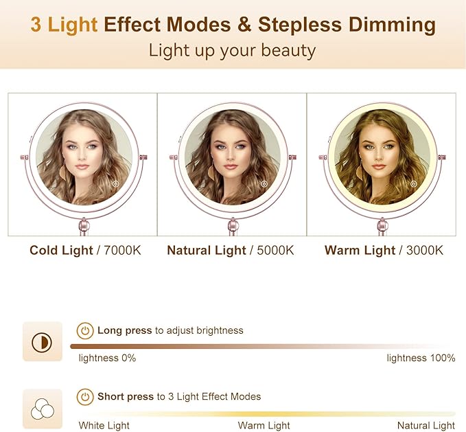 9" Wall Mounted Lighted Makeup Mirror,4000mAh Rechargeable Double Sided 1X/10X Magnifying Mirror with Light,Touch Dimmable,Extended Arm 360 Rotation Wall Mounted Makeup Mirror 3 Color Lights Gold