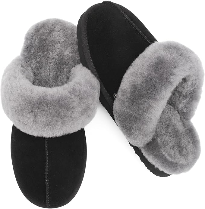 Parfeying Women's Shearling Slippers Genuine Leather with Rubber Sole, Sheepskin Fuzzy Indoor Outdoor Shoes for Home