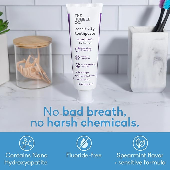 The Humble Co Fluoride-Free for Sensitive Teeth Toothpaste, Spearmint - Toothpaste with Xylitol & Nano Hydroxyapatite for Adults - SLS Free Dental Oral Care & Hygiene - 2 Pack