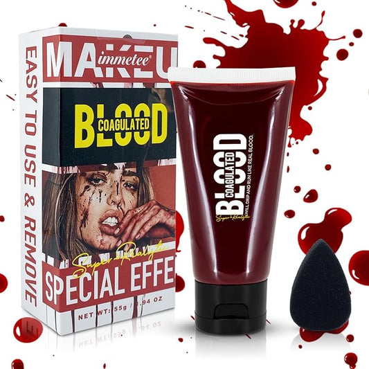 immetee Fake Blood Gel, Sfx Blood Gel with Stipple Sponge, Sfx Fake Blood Makeup Kit, Halloween Coagulated Stage Blood Specail Effects Makeup Face Body Paint. 55g