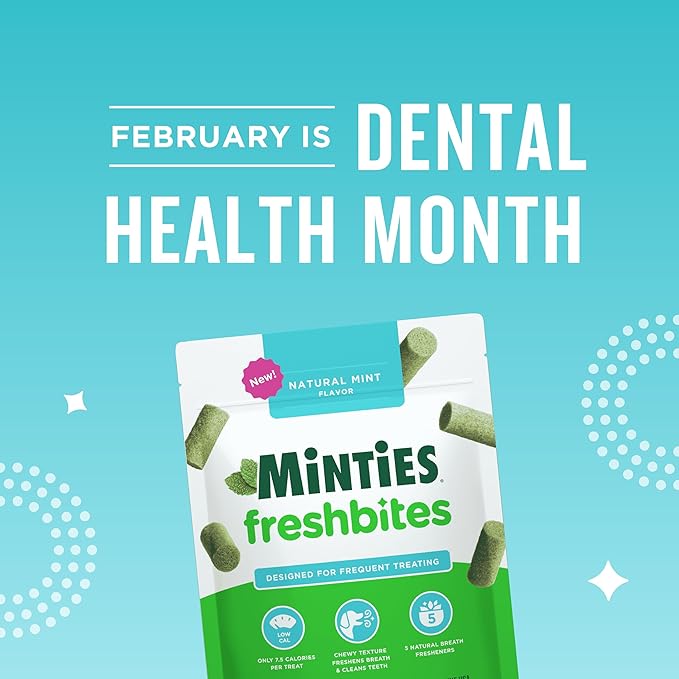 Minties FreshBites Soft and Chewy Dental Treats for Dogs, Low Calorie Natural Mint Flavored Dental Chews for Dogs, 50 Count, Chews Clean Teeth, Fight Bad Breath, and Removes Plaque and Tartar