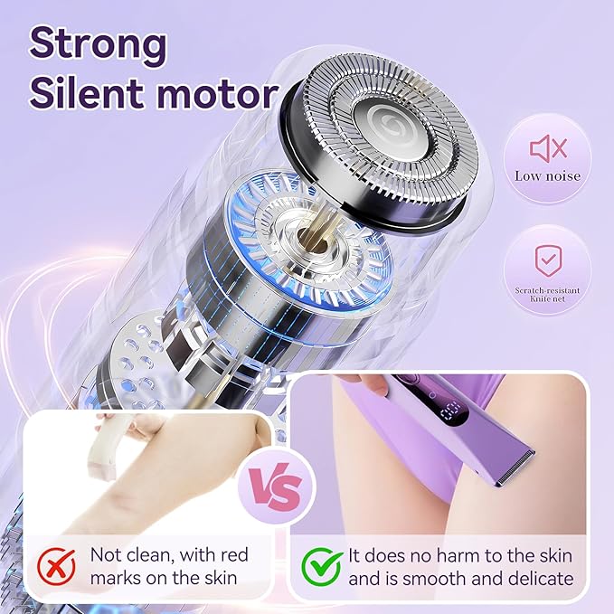 Bikini Trimmer for Women Electric–Double Head Dual Purpose, Ceramic Blade,IPX7 Waterproof,LCD Power Display,USB Rechargeable,Wet/Dry Painless Hair Removal for Face & Body (Violet)