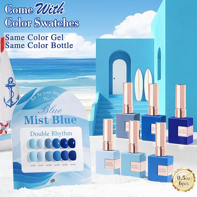 Double Rhythm 6 Pcs 15 ML Gel Polish Set Same Color Same Bottle Soak Off Gel Polish Kit Nail Art Manicure Salon DIY at Home for Women (Pale Dark Midnight Blue Navy Gray -T6-74)
