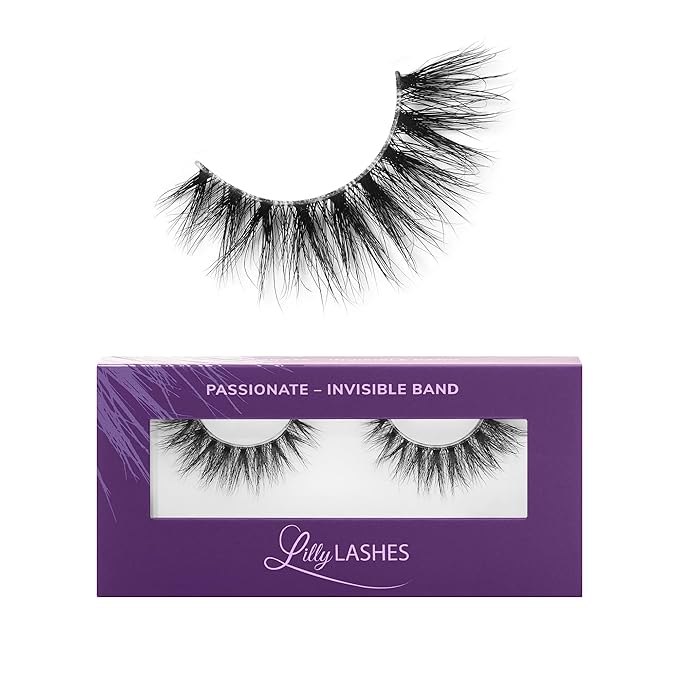Lilly Lashes Sheer Band, False Eyelashes w/Invisible Band Lashes, Mink Lashes + Volume, Flare Mink Eyelashes, Clear Band Lashes, Reusable Eyelashes 20x, Lash Glue not Included, 15mm (Passionate)