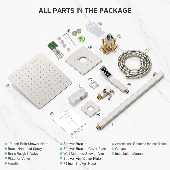 SR SUN RISE Shower Faucet Set & System - 10 Inch Rainfall Shower Head & Handle Set Wall Mounted Brushed Nickel Solid Brass Valve Trim Kit Included