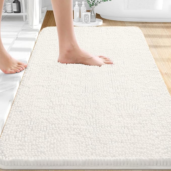 OLANLY Bathroom Rugs 36x24, Extra Soft Absorbent Chenille Bath Rugs, Rubber Backing Quick Dry, Machine Washable Bath Mats for Bathroom Floor, Tub and Shower, Home Decor Accessories, Ivory