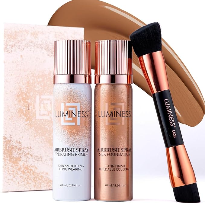 LUMINESS Complete Makeup Kit - Includes Face Palette, Airbrush Foundation, Primer and Brush - Silky, Long-Wearing, Easy to Blend, Perfect Makeup for Older Women, 4-PC Make Up Set (10 - Tan)
