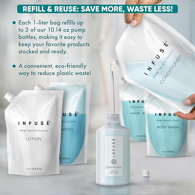 INFUSÉ 1 Liter Conditioner Refill Bag For Soap Dispensers | Bulk Toiletries for Vacation Rentals, and Home Bathroom Showers | White Tea and Coconut | Set of 12