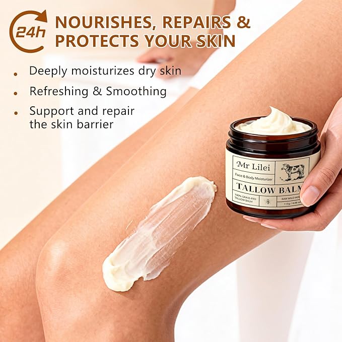 Beef Tallow for Skin, Grass-Fed Beef Tallow Balm, Beef Tallow Cream, Face & Body Moisturizer Restores Skin Barrier, Soothes Dry Sensitive Skin, Beef Tallow Honey Balm Whipped with Beeswax & Olive Oil