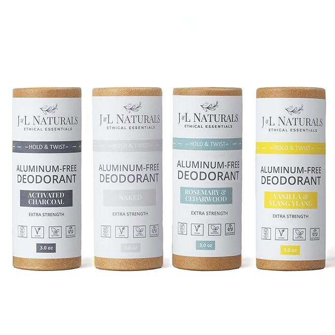 J&L Naturals Aluminum Free Deodorant for Men & Women | 100% Natural Ingredients With Coconut Oil, Shea Butter, & Essential Oils | Sustainable, Eco-Friendly (Unscented & Woody, 3.0 Oz (Pack of 4))