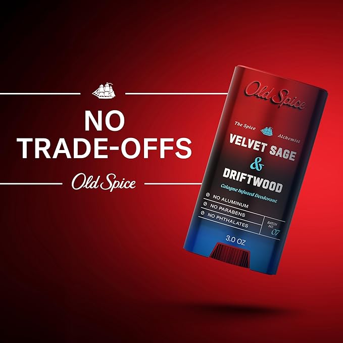 Old Spice Aluminum Free Deodorant for Men, The Spice Alchemist Collection, 24/7 Cologne Infused Scent, No Trade Off Formula, Free of Parabens & Phthalates, Velvet Sage + Drift Wood Scent, 3.0 oz
