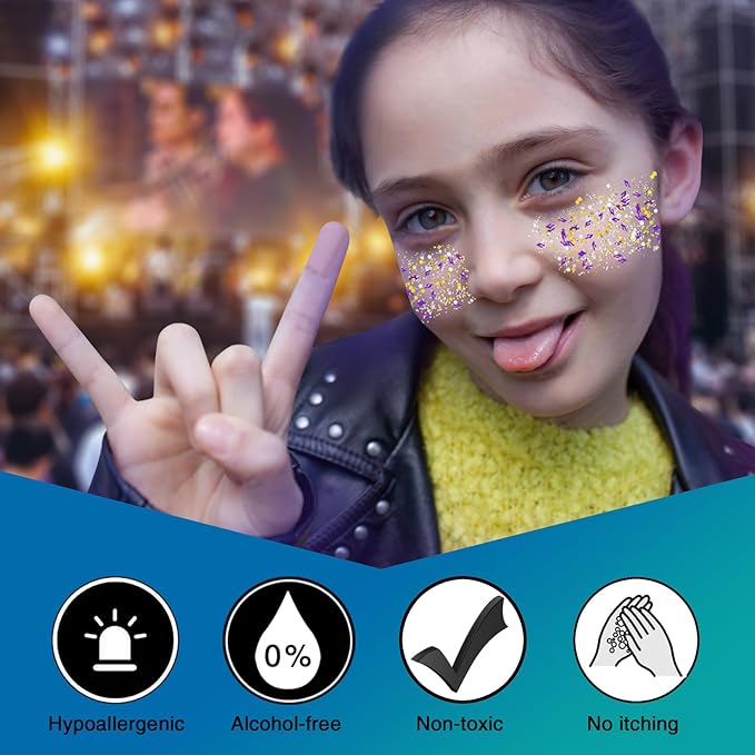MEICOLY Face Glitter Makeup for Music Festival,Country Concert Outfits for Women, Holographic Gold Silver Purple Body Glitter,Halloween Party Accessories Self-Adhesive Glitter Face Paint,50ml