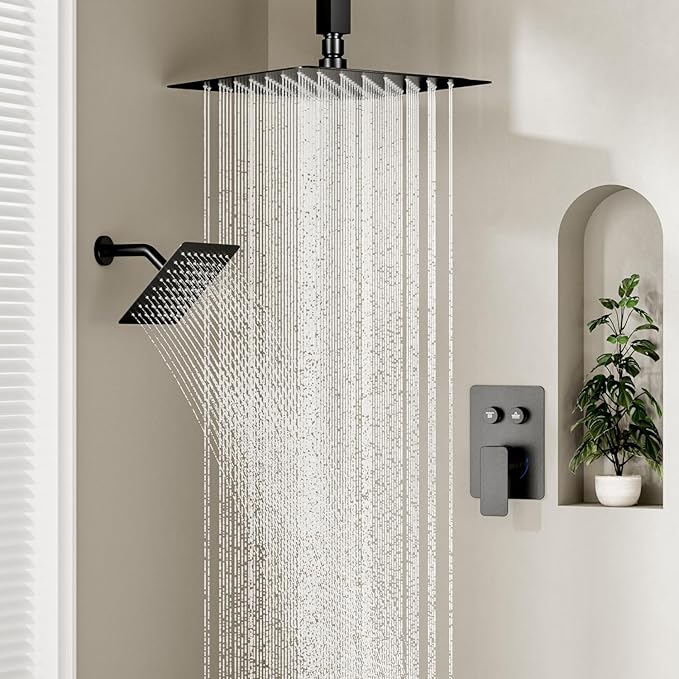 Shower Faucets Sets Shower System Matte Black, STARBATH 12" Ceiling Mount Rain Showerhead and 8" Wall Mounted Rainfall Shower for Couples, On Off Button Valve Dual Head Shower Systems Complete