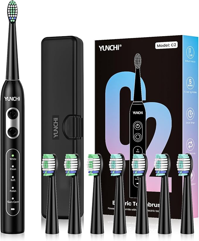 YUNCHI Electric Toothbrush Birthday/Valentine Plastic 8 Heads 24-Mo Deep Cleans Gentle Gums Removes Stains 3Hr USB-C 90d 2-Min Timer/30s IPX7 - Black