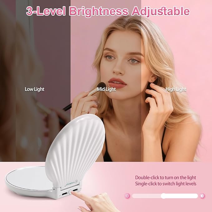 Compact Makeup Mirror with Lights Travel Mirror with Light Small Compact Mirror 2x/10x Magnification & LED Lighted,Rechargeable Compact Mirror Portable Adjustable Pocket, White