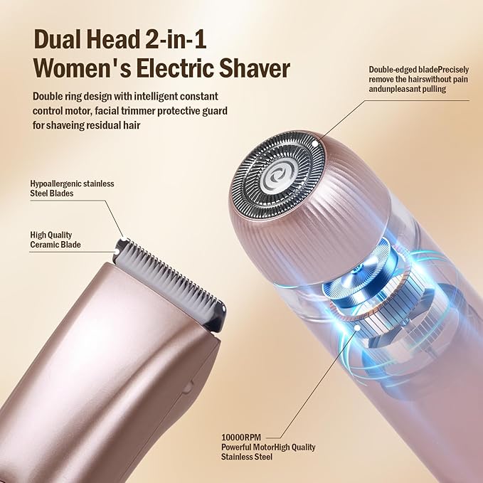 Dual Head 2-in-1 Women's Electric Shaver, Wet & Dry, IPX7 Full Body Waterproof, Bikini Trimmer and Facial Epilator in One Design, Full Body, Pink