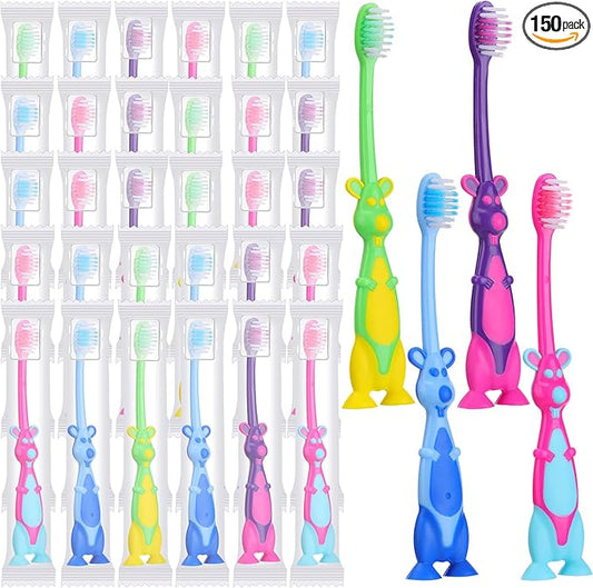 Gerrii Kids Toothbrushes Bulk Soft Lovely Little Kangaroo with Covers Suction Cup Individually Wrapped for Children Toddler Home School Camp Daycare Travel (150 Pcs)