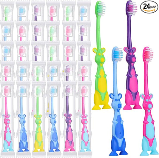Gerrii Kids Toothbrushes Bulk Soft Lovely Little Kangaroo with Covers Suction Cup Individually Wrapped for Children Toddler Home School Camp Daycare Travel(24 Pcs)