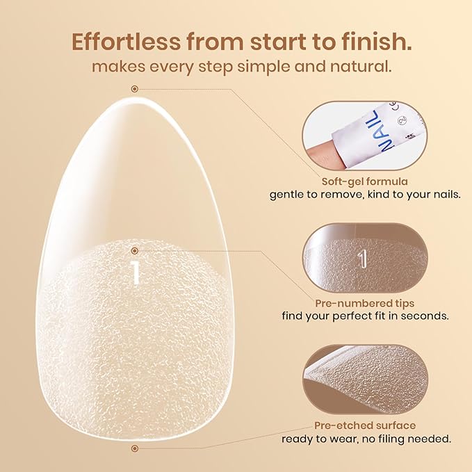 Beetles Gel Nail Tips Flat-X - Almond Short, 320pcs 16 Sizes, Pre-Etched Half Matte Full Cover Soft Acrylic Press on False Nail Extension Tips Easy DIY Salon for Flat & Natural Nail Beds