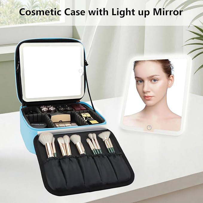 SLUMAZI Travel Makeup Bag with LED Mirror Travel Makeup Organizer with 3 Lighted Settings, Adjustable Dividers and Makeup Brush Storage Bag Blue