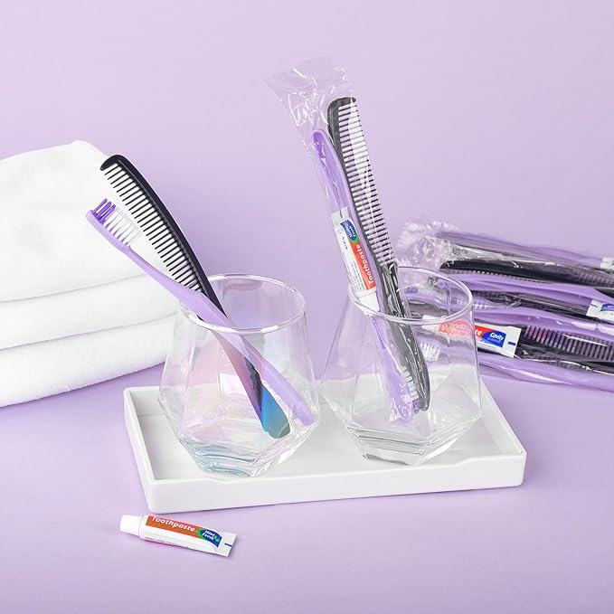 Purple Disposable Toothbrushes with Toothpaste and Comb - Pack of 30,Individually Wrapped Single Use Travel Toothbrushes Kit Bulk for Homeless,Guests,Hotel