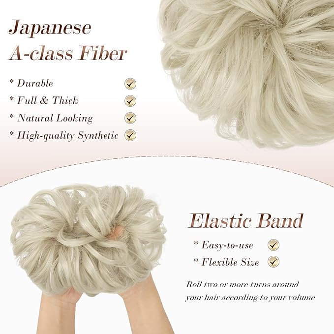 FESHFEN Messy Bun Hair Piece - Wavy Synthetic Chignon Scrunchies for Instant Volume, Elastic Bun Ponytail Hair Extensions Thick Hairpieces for Women, Ash Platinum Blonde 1.50 oz