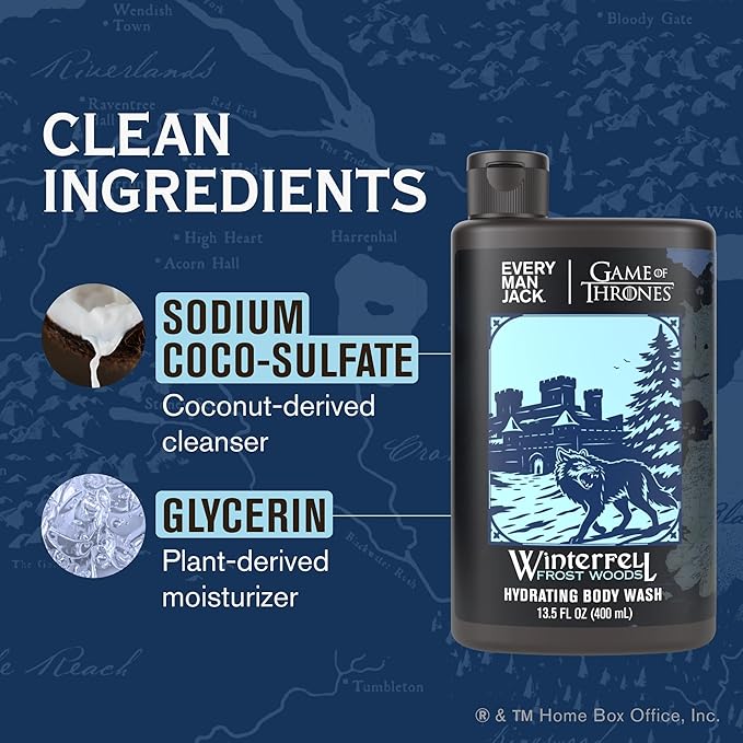 Every Man Jack Game of Thrones Collectors Body Wash - Clean Ingredients - Winterfell - Frost Woods Scent - 13.5 oz (Pack of 2)