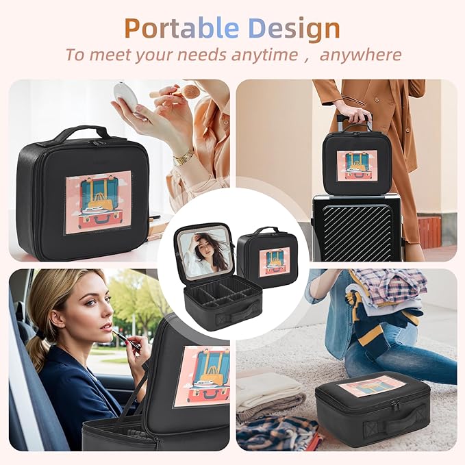 Travel Makeup Bag With LED Mirror,Cosmetic Train Case with 3 Color Setting,Cosmetic Makeup Organizer Bag with Adjustable Dividers,Portable Make up Box with Make up Brushes Holder Storage（Black）