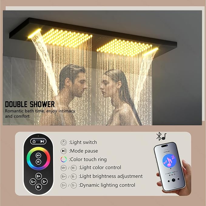 35.5X12 Inch Ceiling LED Music Dual Rain Shower Head Fit 2 Person Bathroom, Smart Large Luxury Thermostatic Rainfall Shower System Fixtures Set (Matte Black, Shower System With Body Jets)