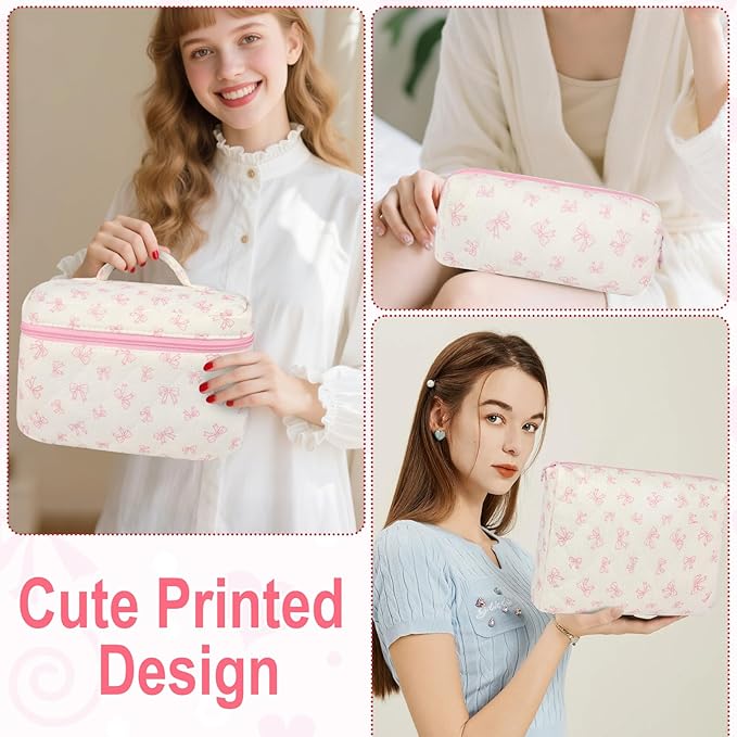 URSKYTOUS 3Pcs Makeup Bag Quilted Cotton Cosmetic Bags for Women Large Small Pink Bow Makeup Pouch Set Cute Coquette Floral Travel Bags Portable Skincare Toiletry Bag Vintage Puffy Essential Organizer