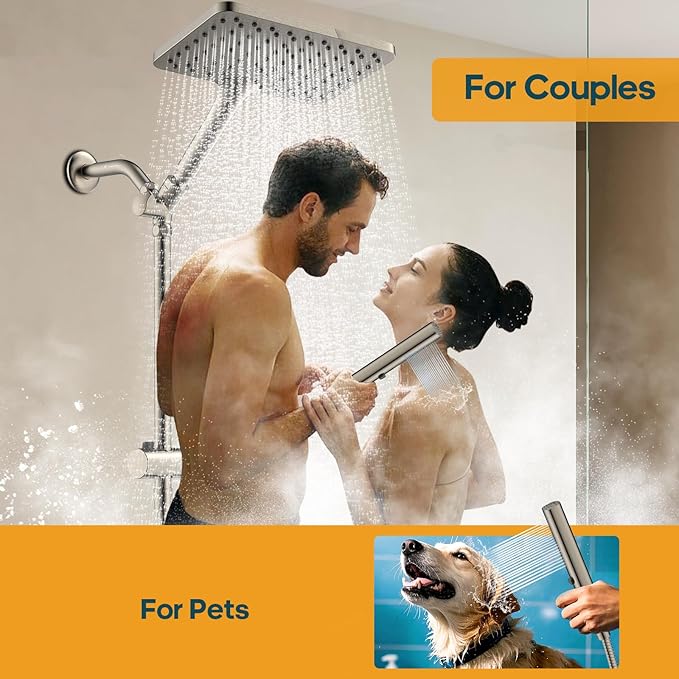 Hombeter Shower Heads with Handheld Spray Combo Brushed Nickel, 10 Inch High Pressure Rain/Rainfall Shower Head, Height Adjustable Dual 2 in 1 Shower Head System with Stainless Steel Hose