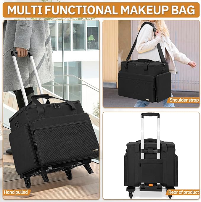 FREEAMG Extra Large Rolling Makeup Case with 4 Removable Pouches, Professional Cosmetic Bag with Wheels, Travel Make up Bag for Makeup Artist Hairstylists Nail with Detachable Trolley
