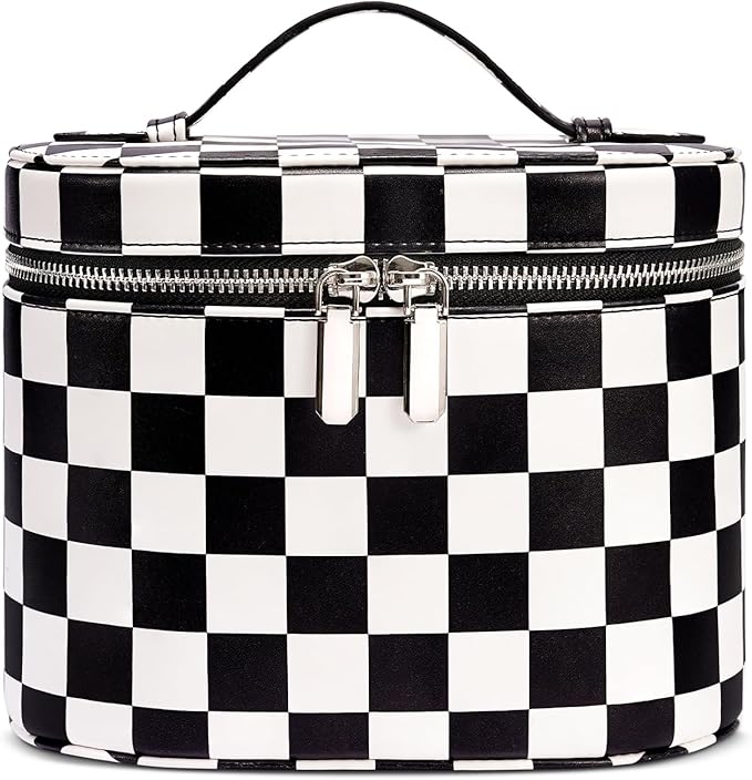 honitty Makeup Bag, Checkered Makeup Bag with Compartments and Handle, Portable Cosmetic Organizer Bags,Toiletry Bag for Women