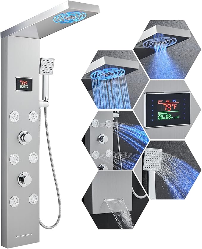 TSIBOMU Stainless Steel Shower Panel Tower System with LED lights(No battery need), Hydroelectric LED Rainfall Shower Tower System with 6 Pcs Body Jets, Brushed Nickel