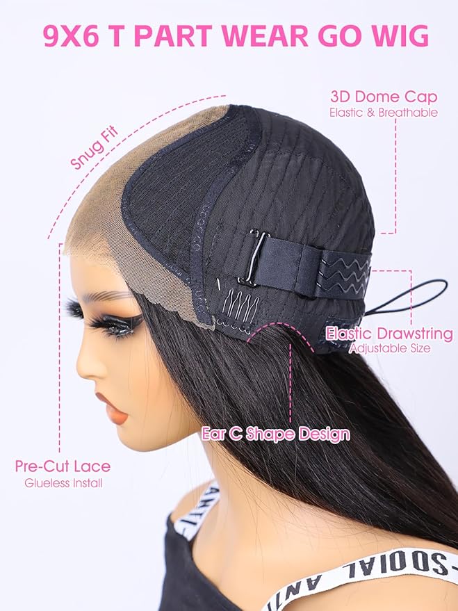 ORIGINAL QUEEN Straight Wear Go Glueless Wigs Human Hair Upgrade 9x6 T-Part Pre Cut Lace Straight Wig Pre-Plucked Flip Over Beginner Friendly with Drawstring 180% Density 28 Inch