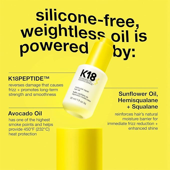 K18 Molecular Repair Hair Oil, Weightless Oil for Stronger, Healthier Hair, Suitable For All Hair Types, 1 Fl Oz