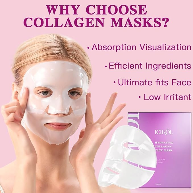 ICIKOL Overnight Collagen Mask - Deeply Hydrating Bio-Collagen Face Mask for Glass Skin, Pore Minimizing & Firming, Melting Transparent Jelly Mask - K-Beauty Sleeping Mask, 4 Sheets