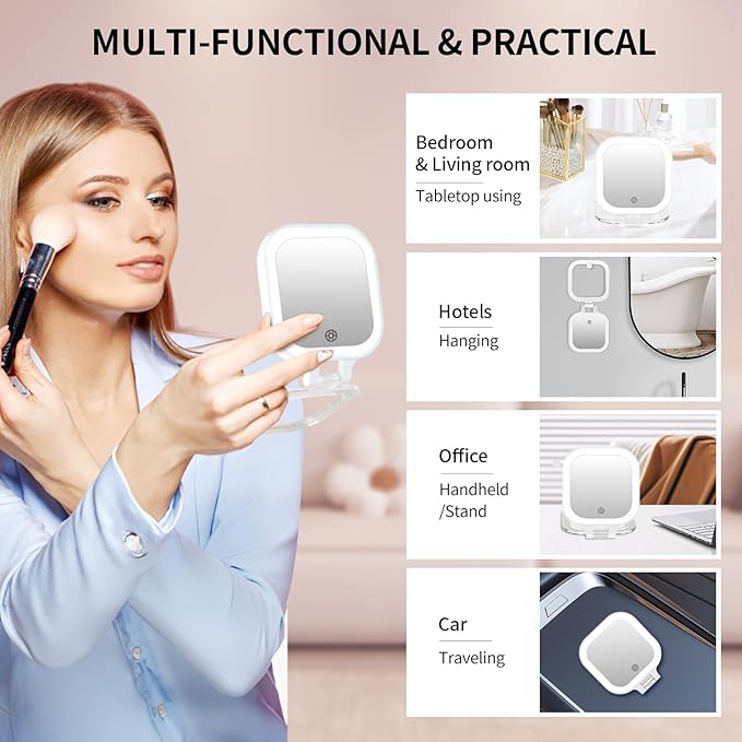 FUNTOUCH 4inch 1x 30x Magnifying Travel Makeup Mirror with Lights, Rechargeable Lighted Compact Mirror with Light, 3 Color Lighting, Double Sided Portable Handheld Hanging, Gifts for Women,White