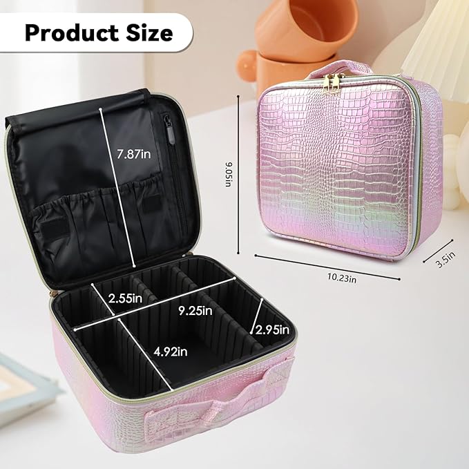 SLUMAZI Travel Makeup Bag Makeup Cosmetic Train Case Organizer Portable Storage Bag with Adjustable Dividers for Cosmetics Makeup Brushes Toiletry Jewelry Colored Crocodile Pattern