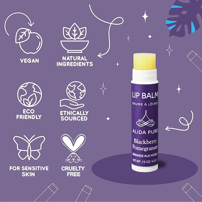 ALIDA PURE Blackberry Pomegranate Lip Balm Collection, Vegan Set, Beeswax Free, with Organic Jojoba and Avocado Oil, Vitamin E, Natural Moisturizer for Dry, Chapped Lips, 3 Tube Set