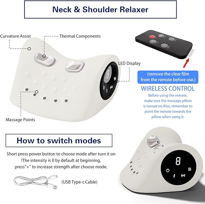 Neck Massager with Vibration Function, 3 Modes Neck and Shoulder Relaxer Pillow with Heat 26°Angle Cervical Traction Device, Massager with Heat for Pain Relief Deep Tissue