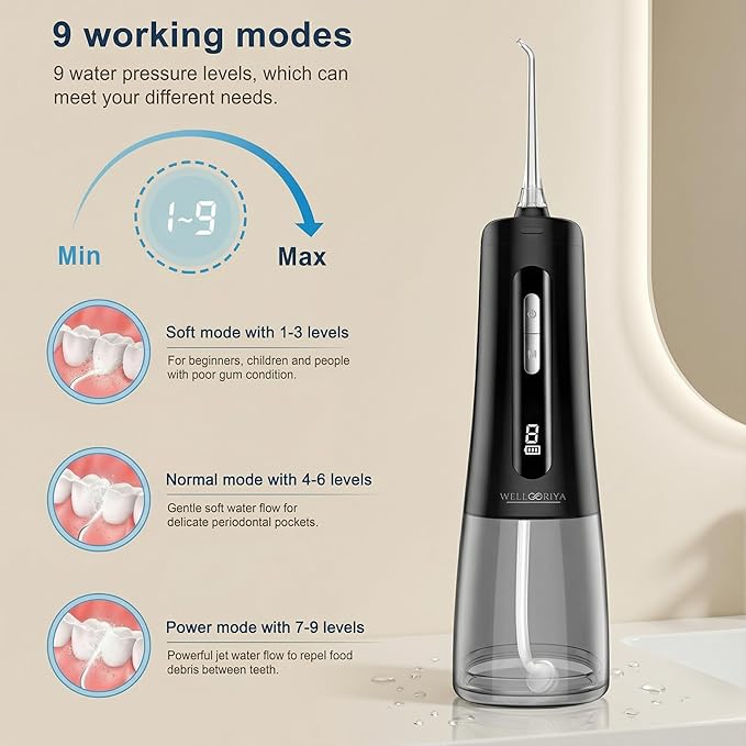Wellooriya Cordless Water Flosser for Teeth – 300mL Large Tank, 9 Pressure Levels, LED Display, USB-C Rechargeable, IPX7 Waterproof Dental Oral Irrigator for Home & Travel (Black)