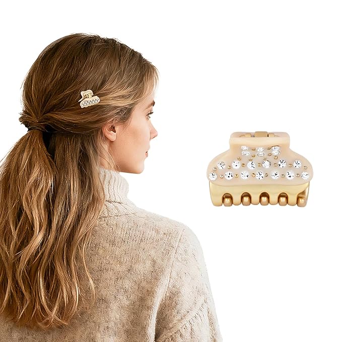 1.2" Mini Clover Claw Clips for Girls Kids - 18K Gold Plated Small Beige Hair Clips for Side Bangs & Braids, Rhinestone Hair Accessories for Fine Hair, Cute Birthday Gift for Daughter