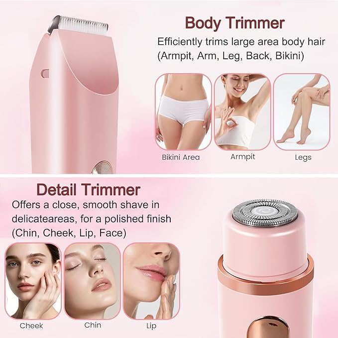 Bikini Trimmer for Women, 2 in 1 Electric Razors for Women, Rechargeable Electric Shaver, IPX7 Waterproof Wet/Dry Body Hair Trimmer for Underarm Leg Arm Body, Pink
