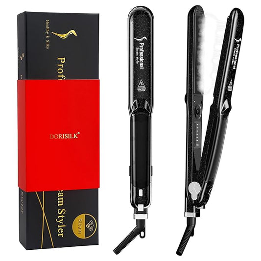 DORISILK 2.0 Upgraded Steam Straighteners for Hair, Professional Salon Ceramic Tourmaline Vapor Steam Flat Iron Hair Straightener and Curler 2 in 1 Straightening Curling Iron, Dual Voltage LED Temp