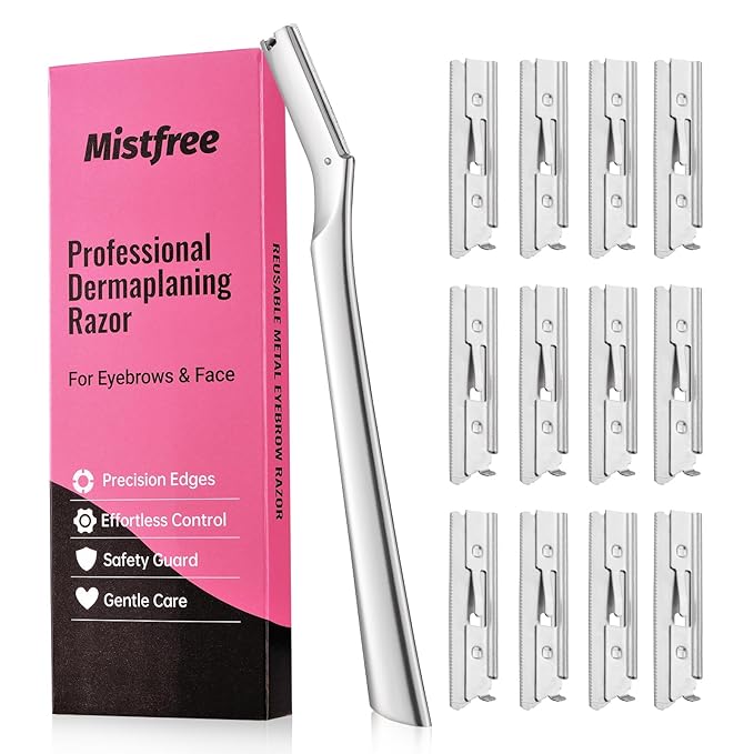 Dermaplane Razor for Women Face, Eyebrow Razor for Women & Men, Professional Metal Dermaplaning Tool with 12PCS Refill Blades, Reusable Face Razor for Exfoliation & Peach Fuzz Removal